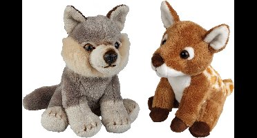 Ravensden - Bosdieren pluche knuffels - 2x stuks - Hertje en Wolf - 15 cm