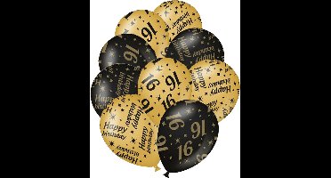 Verjaardag ballonnen - 16 jaar en happy birthday 24x stuks zwart/goud