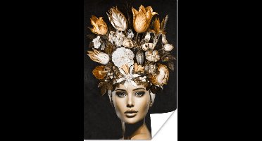 Poster Vrouw - bloemen - goud - 20x30 cm