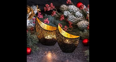 Gadgy Waxinelichthouder Oosters - Theelichthouders Raam of Woonkamer - Set van 2 - Decoratie voor Binnen 16&14.5CM - Kaarsenhouders voor Waxinelichten - Metaal Zwart / Goud - Cadeautje voor Haar