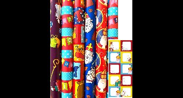 Sinterklaaspapier Sint Inpakpapier Cadeaupapier - 70 cm x 3 meter - 6 rollen - Incl. 20 Sint Naamstickers