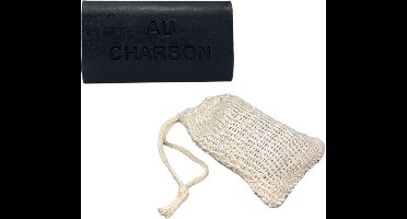 Houtskool zeep 100 gram + Sisal zeepzakje  detox, plantaardig houtskoolzeep - houtskool zeep - blok zeep - savon de marseille