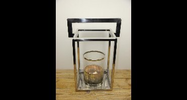 Zilveren windlichtlantaarn- zilveren sfeerlichtlantaarn-lantaarn met glazen kaarshouder- rvs lantaarn