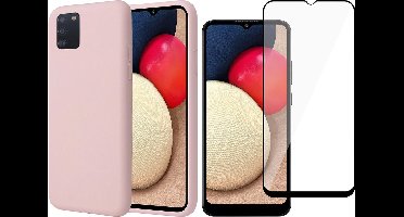 Hoesje geschikt voor Samsung A02s - Siliconen Case Cover Hoes Roze + Screen Protector Glas Full