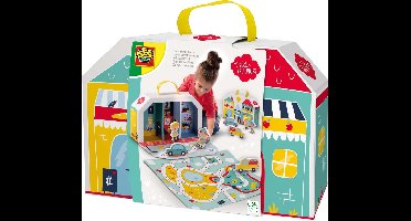 SES - Petits Pretenders - Winkelstraat speelkoffer en speelmat - speelkoffer met 3 winkels, speelkleed en 4 houten speelfiguren