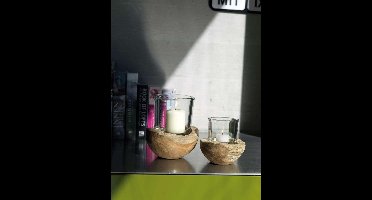 Theelichthouder - Waxinelichtjeshouder - Teak incl. glas - Hoogte 20 cm