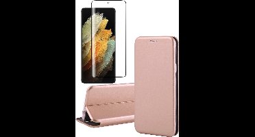Hoesje geschikt voor Samsung Galaxy S21 Ultra - Screen Protector GlassGuard - Book Case Kunstleer ThinShield Roségoud & Screenprotector