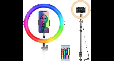VIJIM K10 - RGB Desktop Ringlamp - met uitschuifbaar statief en tafelklem — TikTok lamp - 15 kleuren - 37-96cm - Zwart