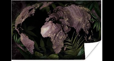 Poster Wereldkaart - Paars - Goud - 30x20 cm