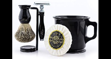 Complete Heren Scheerset – Klassieke 5-Delige Shaving Set met Veiligheidsscheermes, Scheerkwast, Scheerkom, Zeep & Standaard – Cadeauset voor Nat Scheren