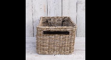 Fietsmand - Opbergmand - 50x40xH30 - Leren handgrepen - Riet - Rotan - Grey - Met tyraps