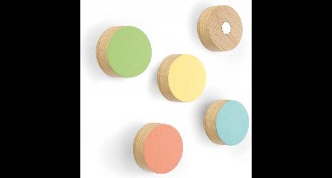 Kleurrijke koelkastmagneten Timber Round 5 stuks Trendform, geschikt voor koelkast of ander metalen oppervlak, koelkastmagneet, koelkastmagneetjes, houten magneten, houten magneetjes, ronde magneten.