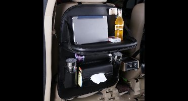 Auto-organizer achterbank, auto-rugleuning organisator beschermer kickmatten PU lederen auto-opslagorganizer met opvouwbaar tafelblad, tablethouder, tissuedoos, meerdere vakken (zwart)