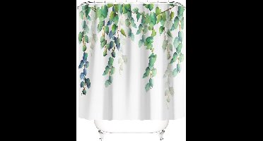 Boraboi® Wasbaar en schimmelbestendig douchegordijn met groene plantenmotief en C-ringen, Polyester, 240 x 200 cm, Wit