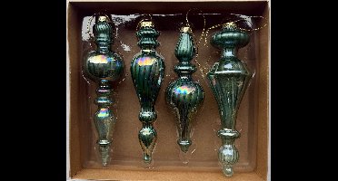 Set van 4 groene kerstornamenten met parelmoerglans – 15 tot 18 cm – klassieke druppel- en pegelvormen - Glas