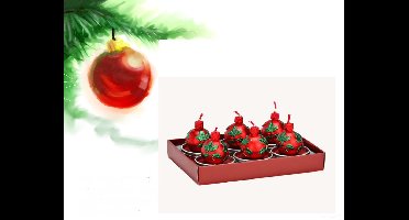 Theelicht set kerstbal - 4x5x4cm - gemaakt van was - set van 6 - rood met groen-