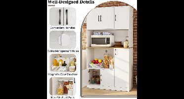 Hoge Keukenkast met Stopcontact & USB – 180 cm Opbergkast met Deuren, Open Planken & Werkblad – Multifunctionele Buffetkast voor Keuken, Woonkamer & Badkamer – Wit – Novihome