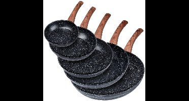 Vilde Black&Wood - Granite Koekenpan Set - 5 Stuks - Antikleef - Houtlook Handgreep