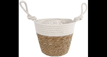 Opbergmand riet wit bruin plantenpot handvatten boho stijl.