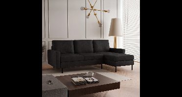 Hoekbank Hanneke - Suède Look - Zwart - Universeel - Links of Rechts - Hoekzetel - L-bank - Zetel - Chaise lounge - Lederlook - Eco-leer - Direct leverbaar - 3 zits