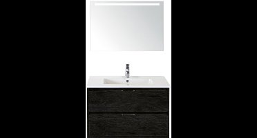 Porto Badmeubelset 90 cm - Black Oak - Keramische Wastafel Wit Slim met Sence Spiegel