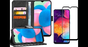 Hoesje geschikt voor Samsung Galaxy A30s - Screen Protector FullGuard - Book Case Kunstleer Pasjeshouder Zwart & Screenprotector