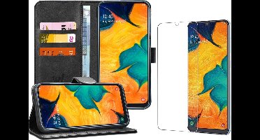 Hoesje geschikt voor Samsung Galaxy A30 - Screen Protector GlassGuard - Book Case Kunstleer Pasjeshouder Zwart & Screenprotector
