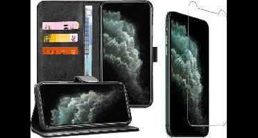 Hoesje geschikt voor iPhone 11 Pro - Screen Protector GlassGuard - Book Case Kunstleer Pasjeshouder Zwart & Screenprotector