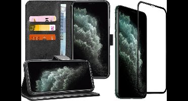 Hoesje geschikt voor iPhone 11 Pro - Screen Protector FullGuard - Book Case Kunstleer Pasjeshouder Zwart & Screenprotector