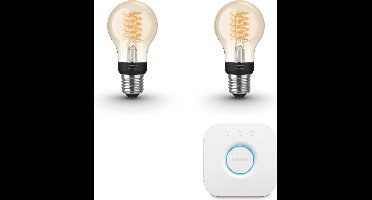 Philips Hue Starterspakket - E27 - met 2 Filament Standaard Lampen (A60) - Warmwit Licht - Incl. 1 Hue Bridge - Hue White Filament