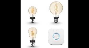 Philips Hue Starterspakket - E27 - met 3 Filament Lampen Mix - Warmwit Licht - Incl. 1 Hue Bridge - Hue White Filament