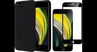 Hoesje geschikt voor iPhone SE 2022 / 2020 / 8 / 7- Liquid Siliconen Case Zwart - Full Screenprotector Glas Screen Protector