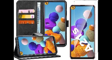 Hoesje geschikt voor Samsung Galaxy A21s - Screen Protector GlassGuard - Book Case Kunstleer Pasjeshouder Zwart & Screenprotector