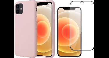 Hoesje geschikt voor iPhone 12 - Screenprotector FullGuard - Roze Liquid Siliconen Case