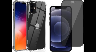 Hoesje geschikt voor iPhone 12 Mini - Transparant Siliconen Shockproof Case + Screen Protector Glas Privacy