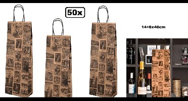50x BIO Nature Kraft Wijntas 14+8x40cm voor 1 Fles Retro - Wijn kerst kado feest fles drank