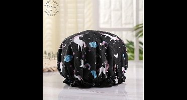 Eenhoorn Pony Mooie Dikke Douche Caps Zwart Kleurrijke Dubbele Laag BadMuts Cover Volwassenen Waterdicht