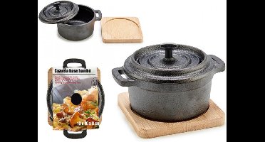 Kleine Ronde Braadpan IJzer met bamboe onderzetter - 9 cm diameter