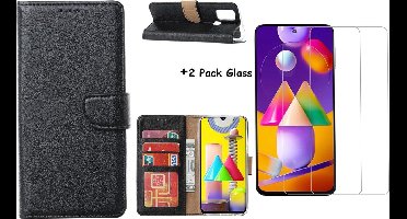 Hoesje Geschikt Voor Samsung Galaxy M31S Boek Hoesje / Wallet cover - Zwart Met 2X glas Screenprotector