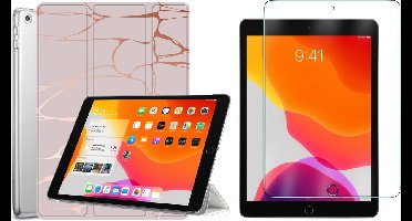 Hoes + Screenprotector geschikt voor iPad 2022 / 2021 / 2020 10.2 Inch - Trifold Hoesje Tablethoes Case Marmer Roze