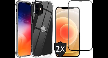 Hoesje geschikt voor iPhone 12 / 12 Pro - Transparant Siliconen Shockproof Case + 2x Screen Protector Glas Full