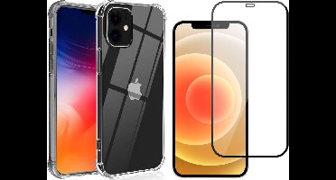 Hoesje geschikt voor iPhone 12 Mini - Transparant Siliconen Shockproof Case + Screen Protector Glas Full