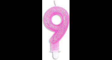 Wefiesta Cijferkaars 9 Glitter 7 Cm Wax Roze