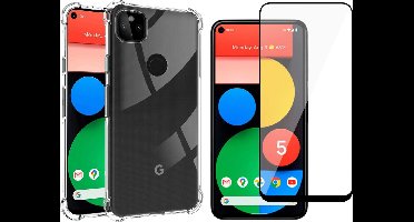 Hoesje geschikt voor Google Pixel 5 - Transparant Shock Proof Cover Case + Screenprotector Tempered Glass Full Screen Protector Glas