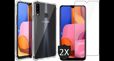 Hoesje geschikt voor Samsung A20s en Screenprotector - Transparant Shock Proof Case Cover Hoes + 2x Screenprotector Glas Tempered Glass Screen Protector