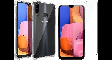 Hoesje geschikt voor Samsung Galaxy A20s - Anti Shock Proof Siliconen Back Cover Case Hoes Transparant - Tempered Glass Screenprotector