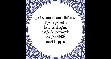 Tegeltje met Spreuk (Tegeltjeswijsheid): De test van de ware liefde is; of je de gedachte kunt verdragen, dat je de teennagels van je geliefde moet knippen + Kado verpakking & Plakhanger