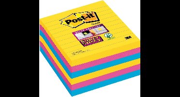 Post-it® Super Sticky Notes, Kleurenset Rio, Canary Yellow™, Mediterraan blauw, Fuchsia, Gelijnd , 101mm x 101mm, 90 blaadjes, 6 blokken