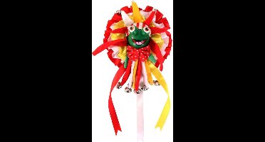 Broche kikkerkop op rozet rood/wit/geel