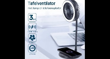 3-in-1 Tafelventilator - Qi draadloze oplader 10W - LED Verlichting - 3 snelheden en verlichting - USB Ventilator- Handventilator -Bureau Ventilator - Mini Ventilator - Tafel ventilator - Zwart